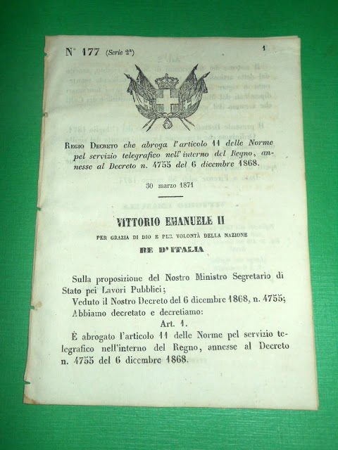 Regno d'Italia Regio Decreto Abrogazione Norme Servizio Telegrafico 1871 | Immagine principale