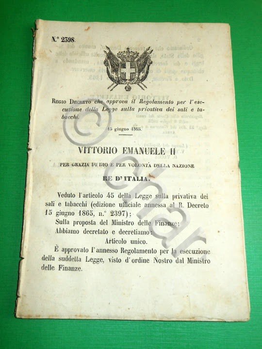 Regno d' Italia Regio Decreto Approvativo Legge Privativa Sali e …