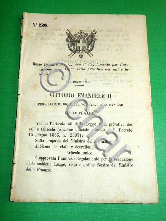 Regno d' Italia Regio Decreto Approvativo Legge Privativa Sali e …