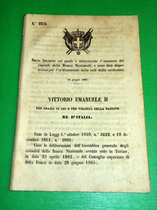 Regno d' Italia Regio Decreto Aumento di Capitale della Banca …