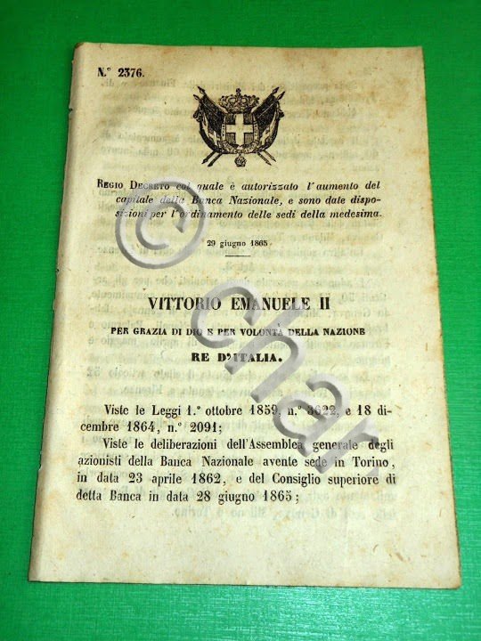 Regno d' Italia Regio Decreto Aumento di Capitale della Banca …
