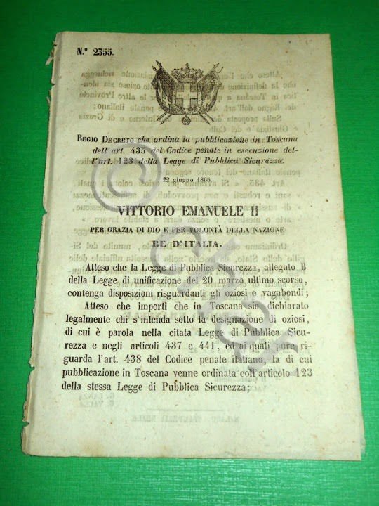 Regno d' Italia Regio Decreto Codice Penale Pubblica Sicurezza in …