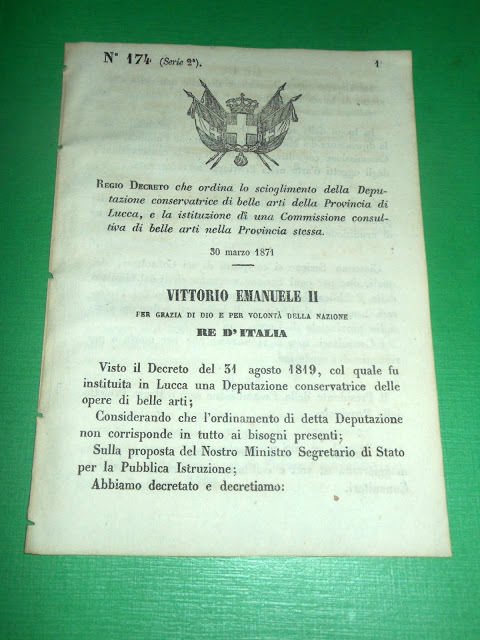 Regno d'Italia Regio Decreto Commissione Consultiva Belle Arti Lucca 1871 | Immagine principale