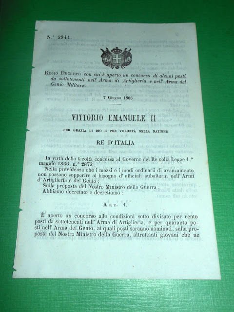 Regno d'Italia Regio Decreto Concorso Posti Sottotenenti Artiglieria Genio 1866 | Immagine principale