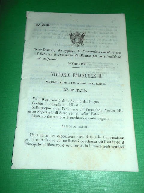 Regno d' Italia Regio Decreto Convenzione Monaco Estradizione Malfattori 1866 | Immagine principale