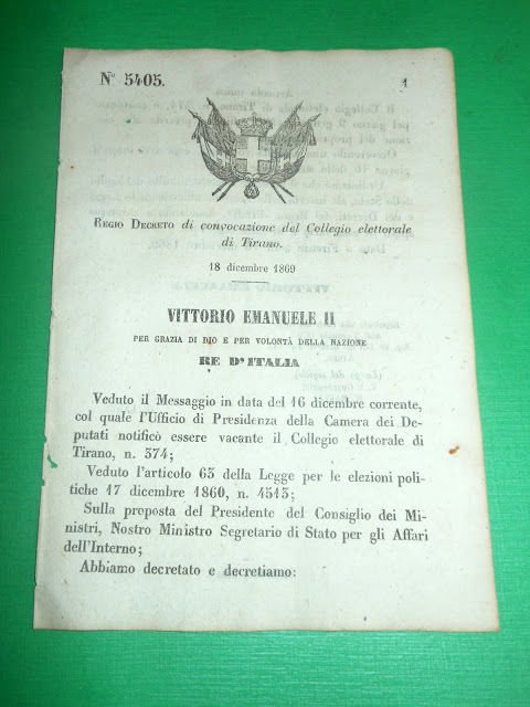 Regno d'Italia Regio Decreto Convocazione Collegio Elettorale di Tirano 1869 | Immagine principale