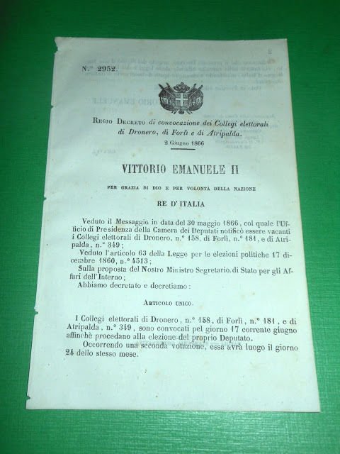 Regno d'Italia Regio Decreto Convocazione Collegio Elettorale Dronero Forlì 1866 | Immagine principale