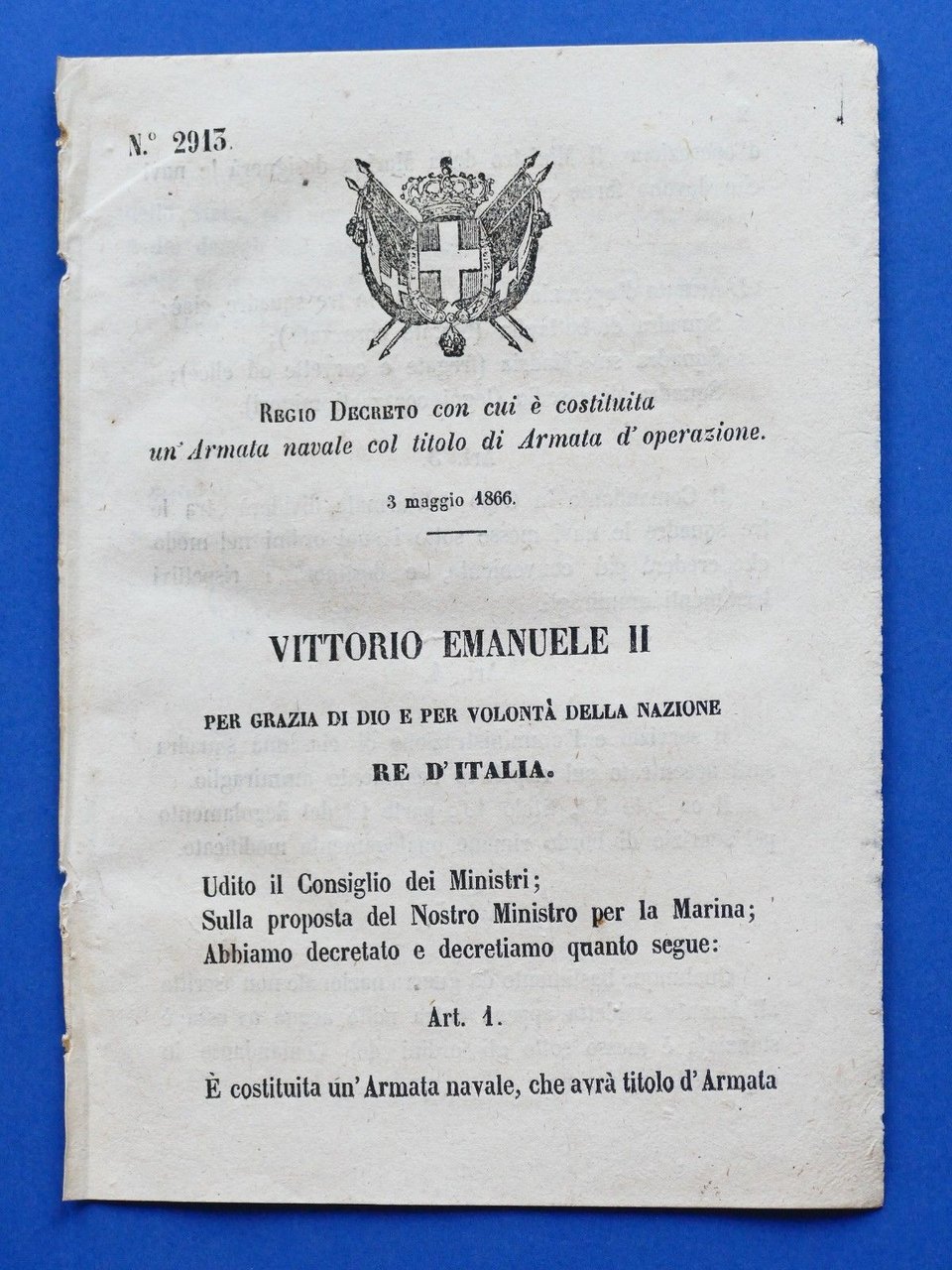 Regno d'Italia Regio Decreto costituzione Armata Navale d' operazione 1866 | Immagine principale