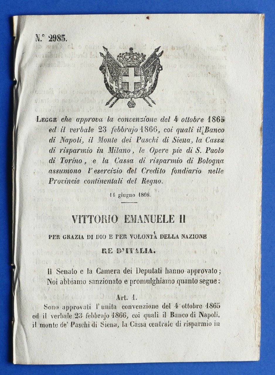Regno d'Italia Regio Decreto Credito fondiario nelle Provincie Continentali 1866 | Immagine principale