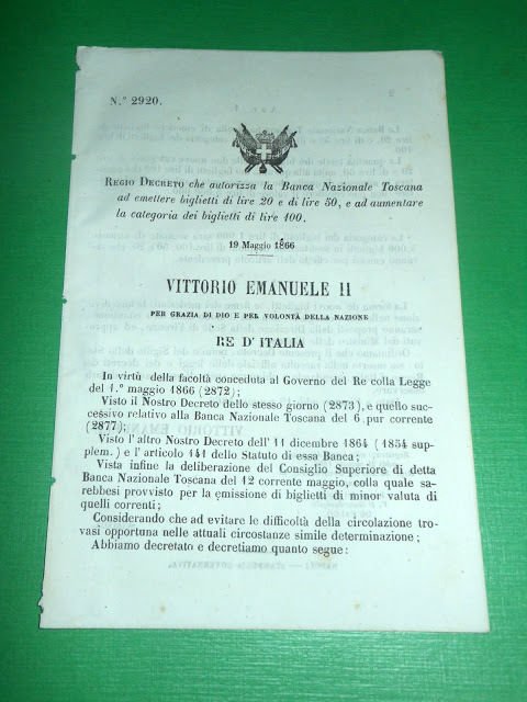 Regno d'Italia Regio Decreto Emissione Biglietti Banca Nazionale Toscana 1866 | Immagine principale