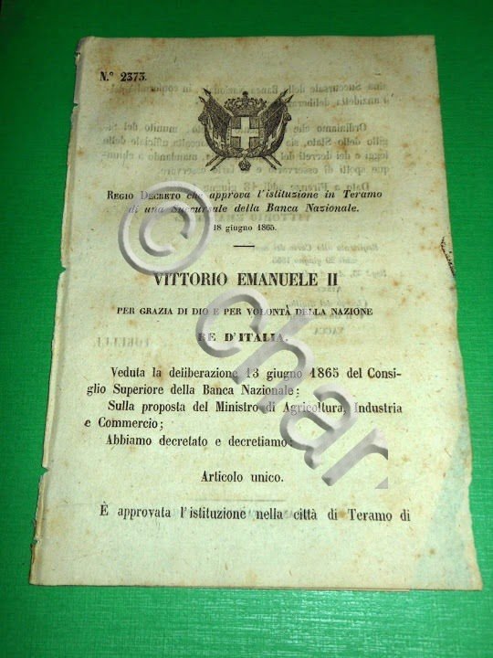 Regno d' Italia Regio Decreto Istituzione Succursale Banca Nazionale Teramo …