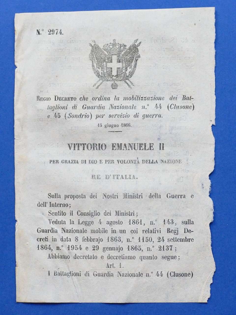 Regno d'Italia Regio Decreto mobilizzazione battaglioni Guardia Nazionale - 1866 | Immagine principale