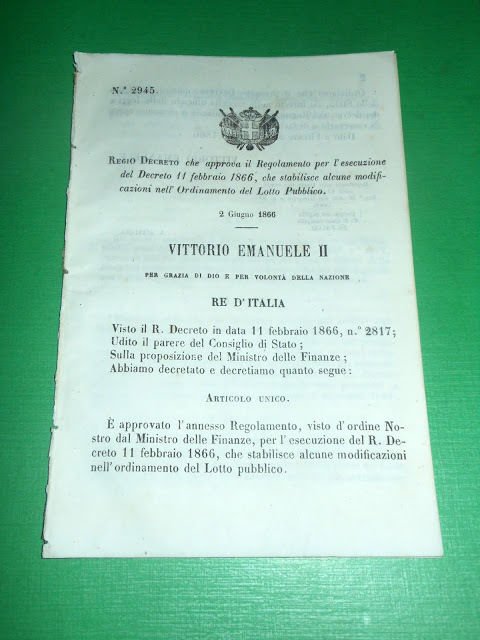 Regno d'Italia Regio Decreto Modifiche Ordinamento Lotto Pubblico 1866 | Immagine principale