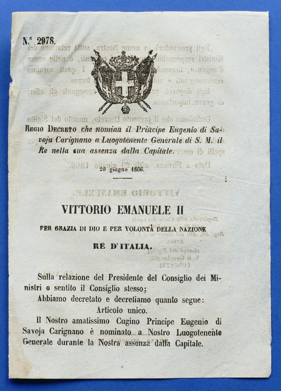 Regno d'Italia Regio Decreto nomina a luogotenente Principe Eugenio Savoia … | Immagine principale