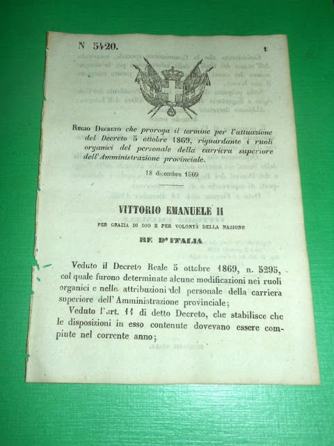 Regno d' Italia Regio Decreto Personale Amministrazione Provinciale 1869 | Immagine principale