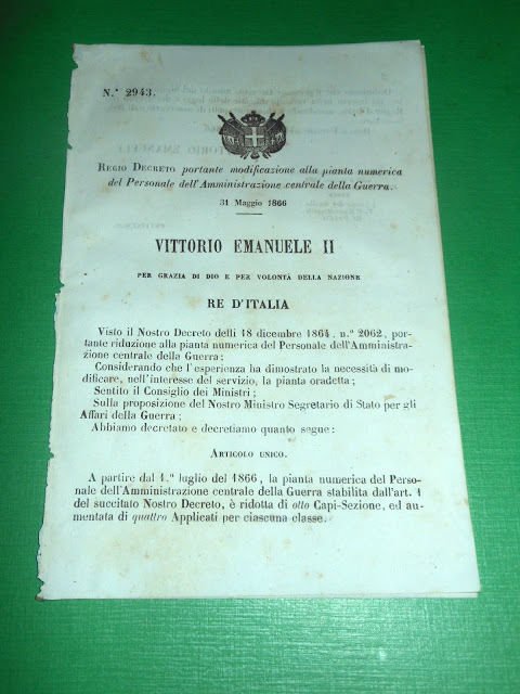 Regno d'Italia Regio Decreto Personale dell' Amministrazione della Guerra 1866 | Immagine principale