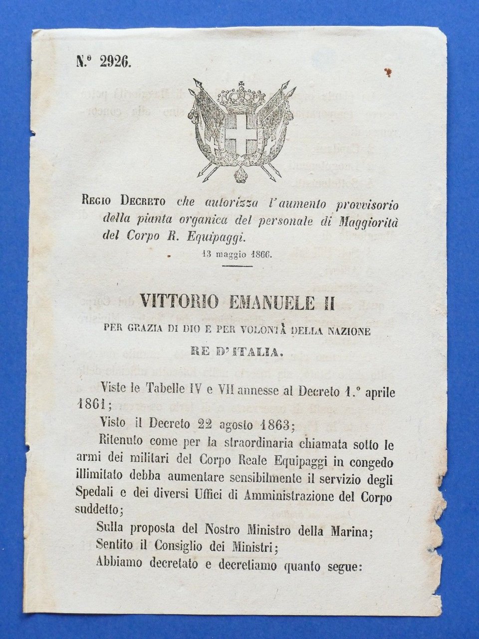Regno d'Italia Regio Decreto personale di Maggiorità Corpo R. Equipaggi … | Immagine principale