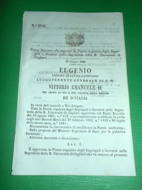 Regno d'Italia Regio Decreto Pianta Organica Impiegati Università Cagliari 1866 | Immagine principale