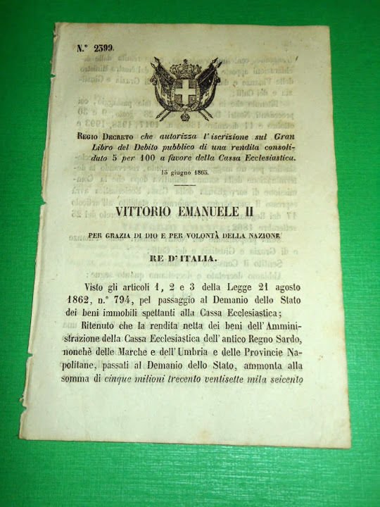 Regno d' Italia Regio Decreto Rendita Consolidata x la Cassa …