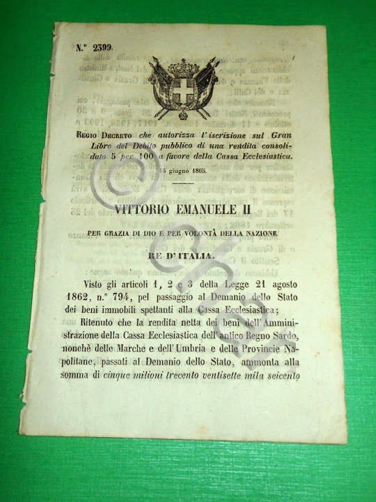 Regno d' Italia Regio Decreto Rendita Consolidata x la Cassa …