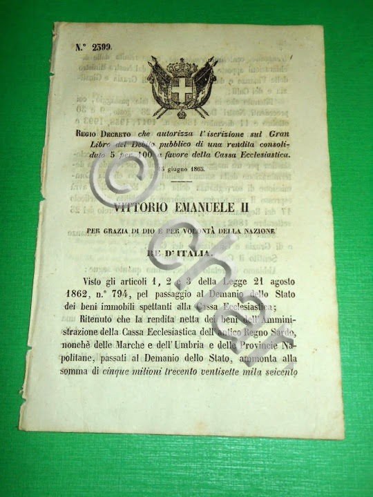 Regno d' Italia Regio Decreto Rendita Consolidata x la Cassa …