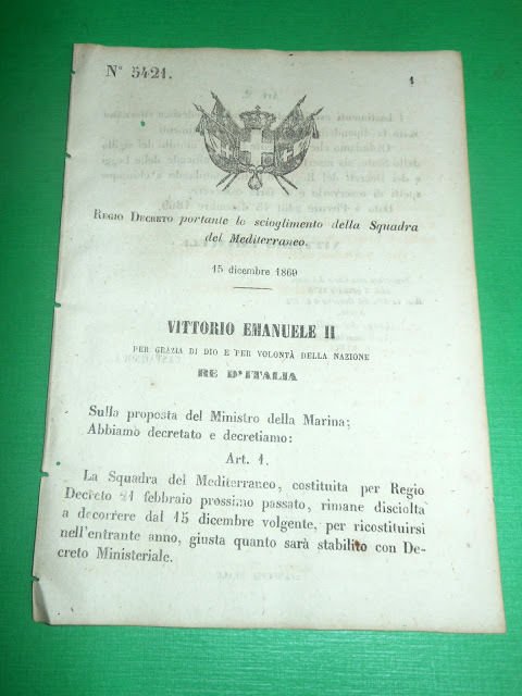 Regno d'Italia Regio Decreto Scioglimento Squadra del Meditarraneo 1869 | Immagine principale