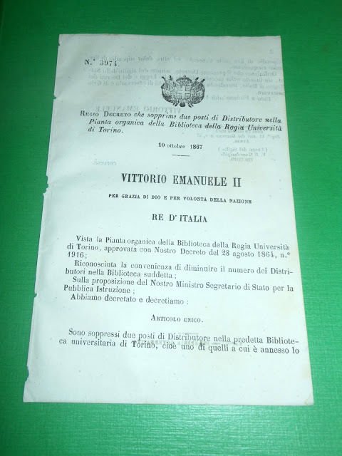 Regno d'Italia Regio Decreto Sopressione Posti Biblioteca Università Torino 1867 | Immagine principale