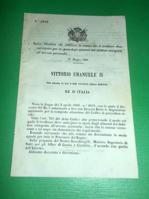 Regno d'Italia Regio Decreto Spesa Alimenti Debitore Arresto Personale 1866 | Immagine principale