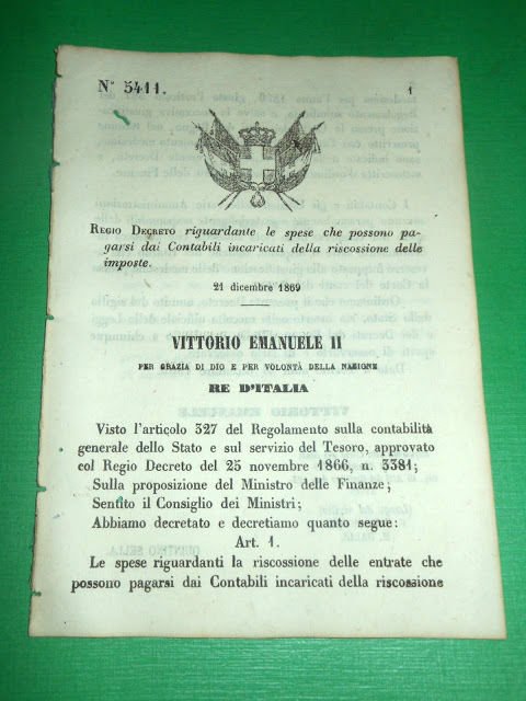 Regno d' Italia Regio Decreto Spese Contabili Riscossione Imposte 1869 | Immagine principale