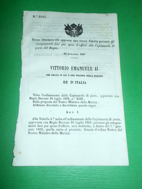 Regno d'Italia Regio Decreto Tabella Spese Capitanerie di Porto 1867 | Immagine principale