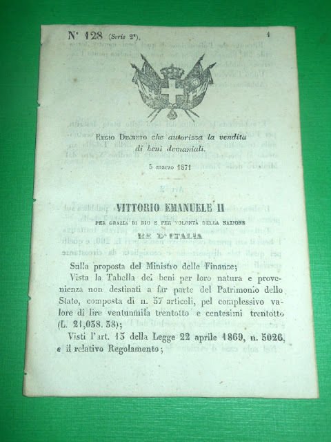Regno d'Italia Regio Decreto Vendita Beni Demaniali - Firenze 1871 | Immagine principale