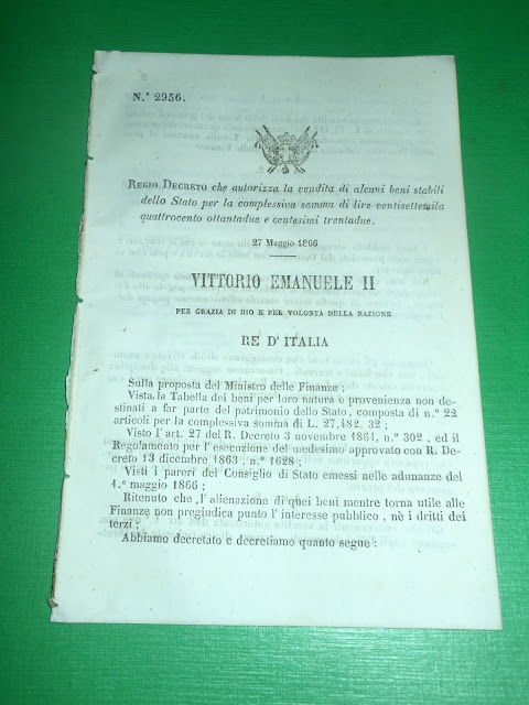 Regno d'Italia Regio Decreto Vendita Beni Stabili dello Stato 1866 | Immagine principale