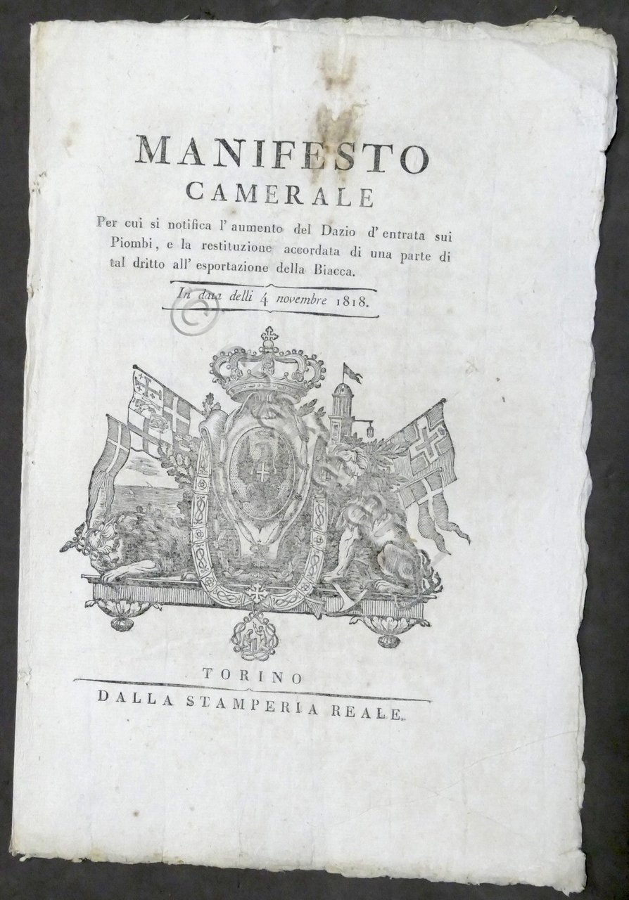 Regno di Sardegna - Manifesto Camerale aumento Dazio sui Piombi … | Immagine principale