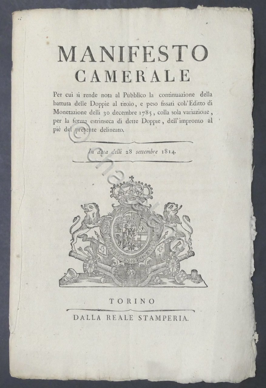 Regno di Sardegna - Manifesto Camerale Regia Zecca - Monetazione …