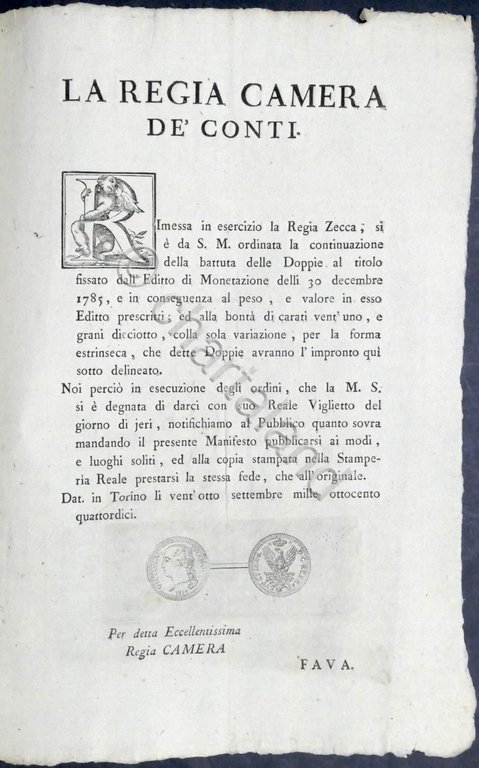 Regno di Sardegna - Manifesto Camerale Regia Zecca - Monetazione …