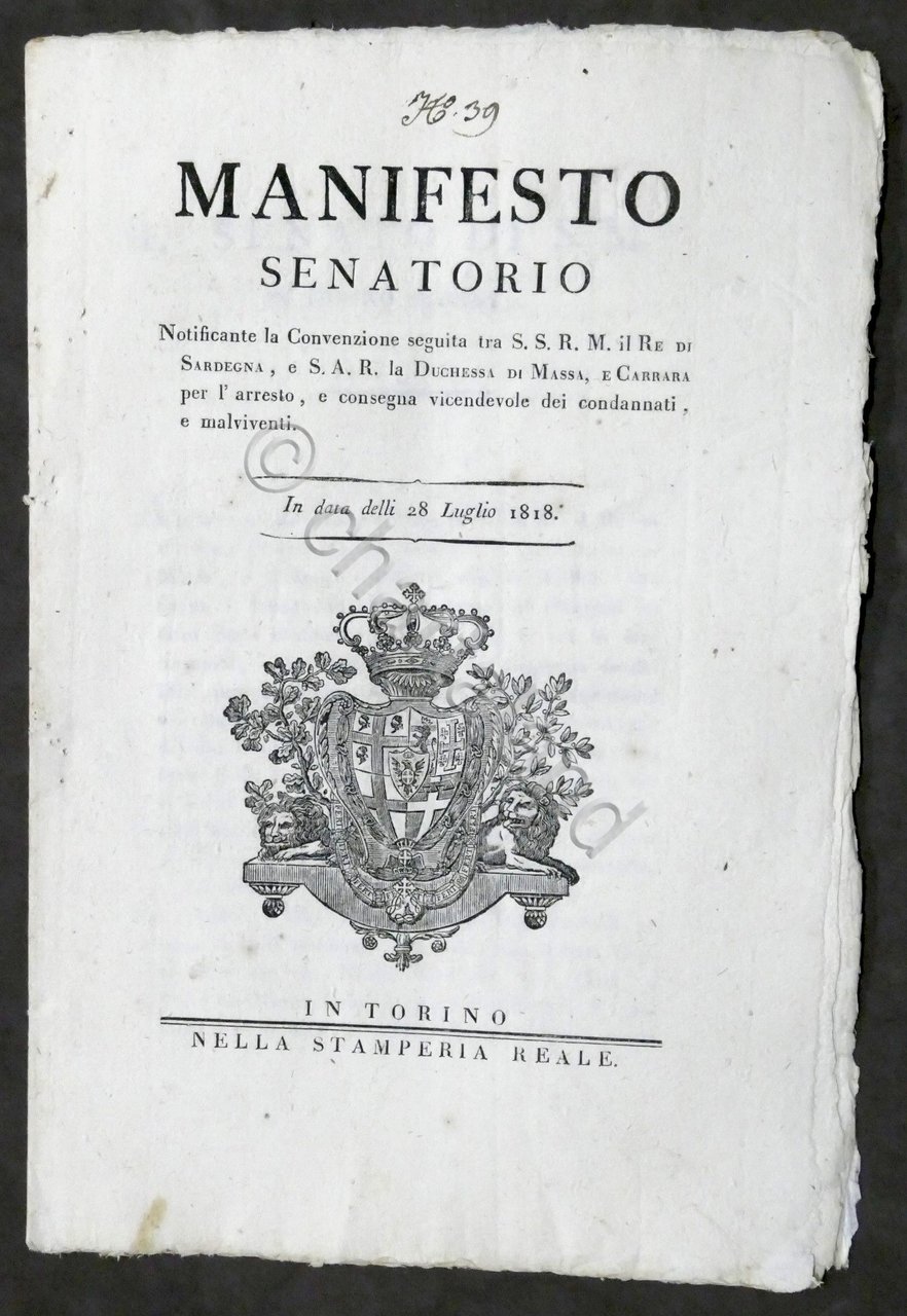 Regno di Sardegna - Manifesto Senatorio arresto e consegna condannati … | Immagine principale