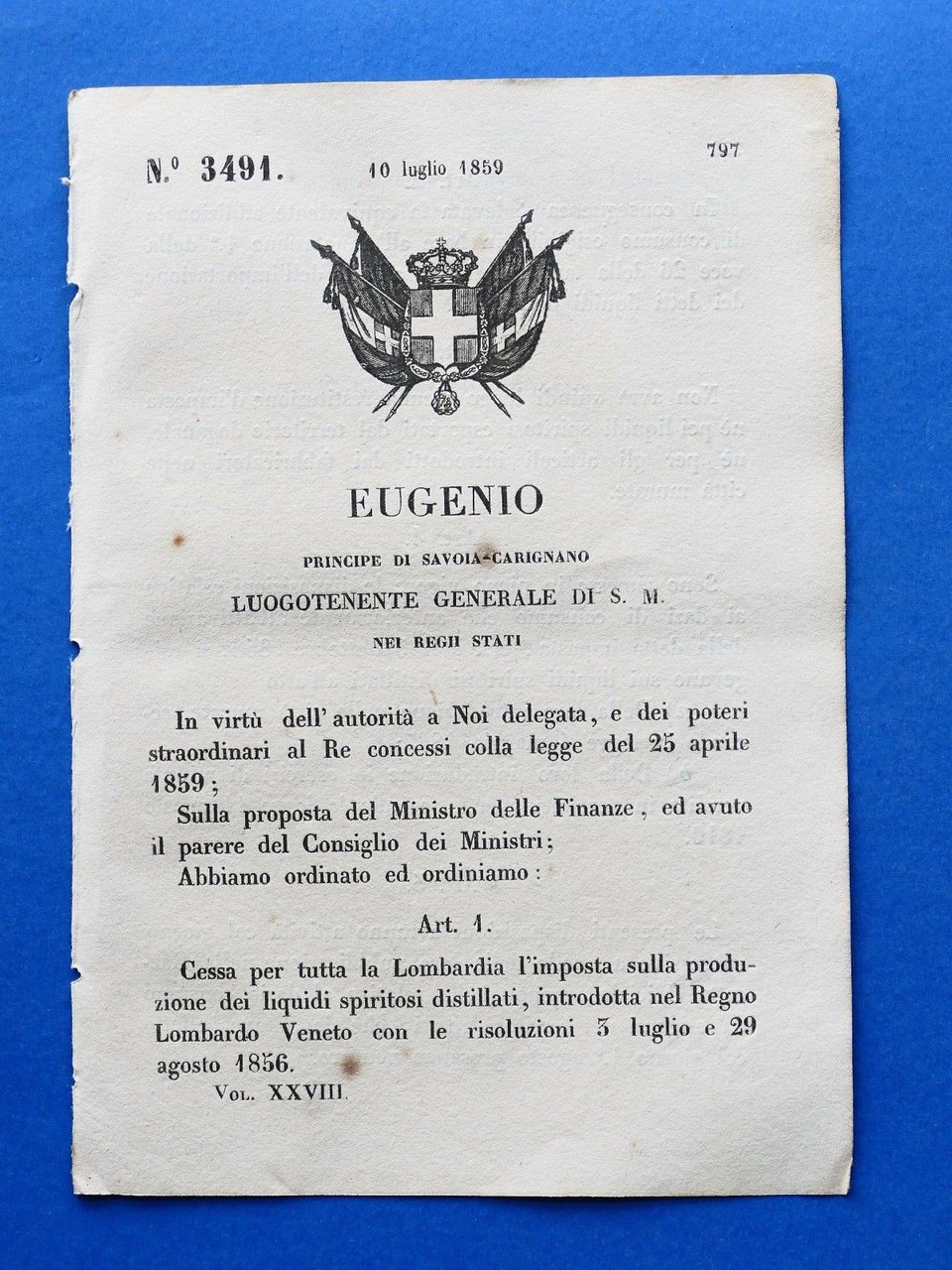Regno di Sardegna - Regio Decreto Cessazione imposta distillati Lombardia … | Immagine principale