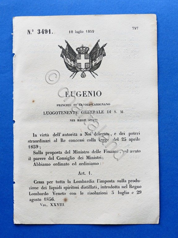 Regno di Sardegna - Regio Decreto Cessazione imposta distillati Lombardia … | Immagine Gallery 2