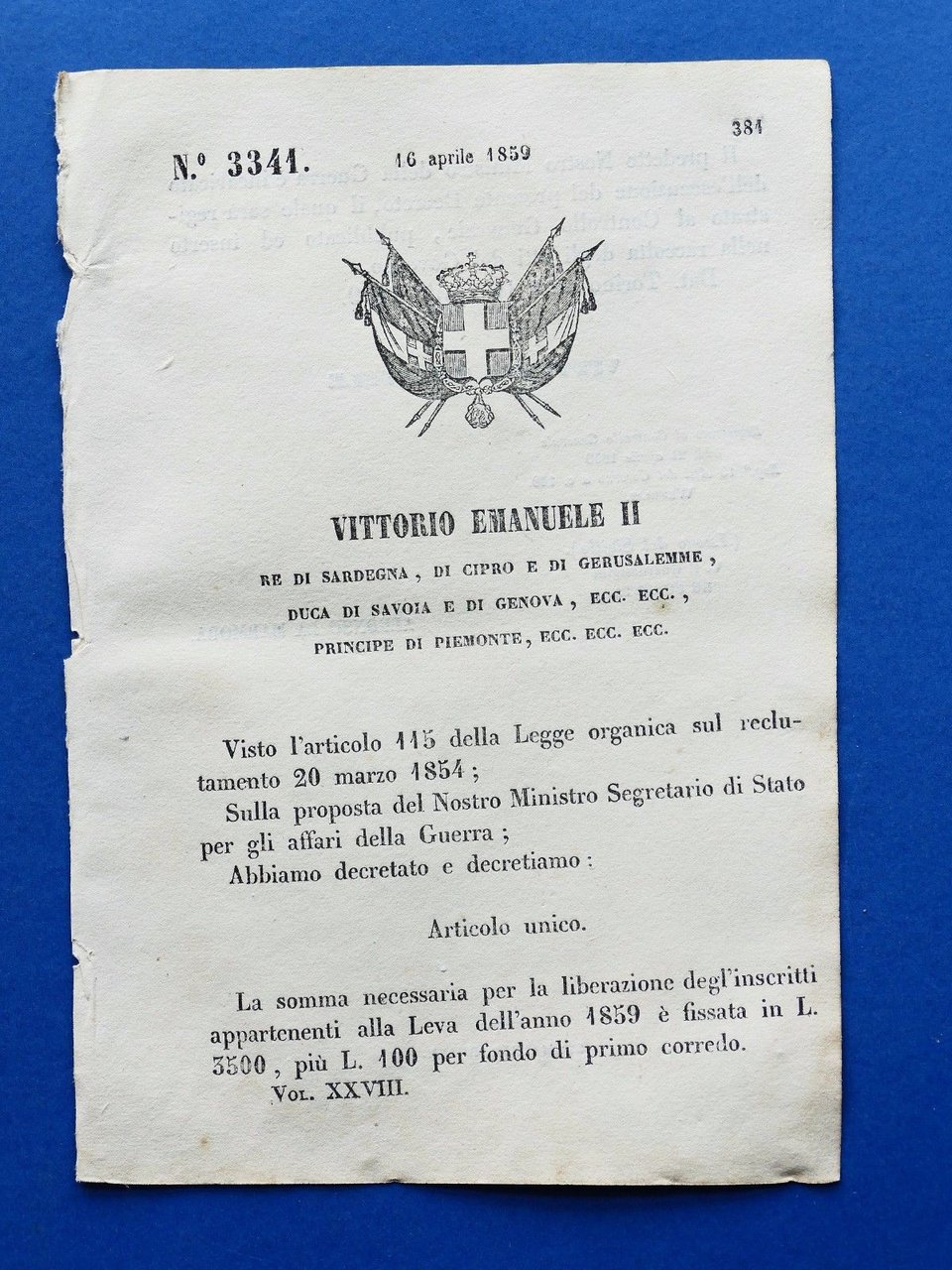 Regno di Sardegna - Regio Decreto Somma per liberazione iscritti … | Immagine principale