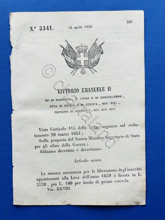 Regno di Sardegna - Regio Decreto Somma per liberazione iscritti … | Immagine Gallery 2