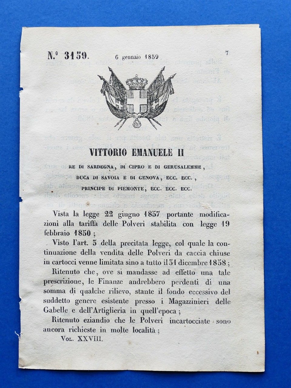 Regno di Sardegna - Regio Decreto vendita Polveri da caccia …