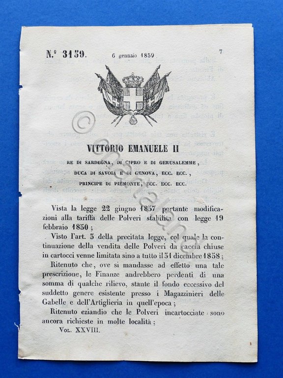 Regno di Sardegna - Regio Decreto vendita Polveri da caccia …