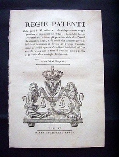 Regno di Sardegna Decreto * Regie Patenti Pagamenti crediti Savoia …