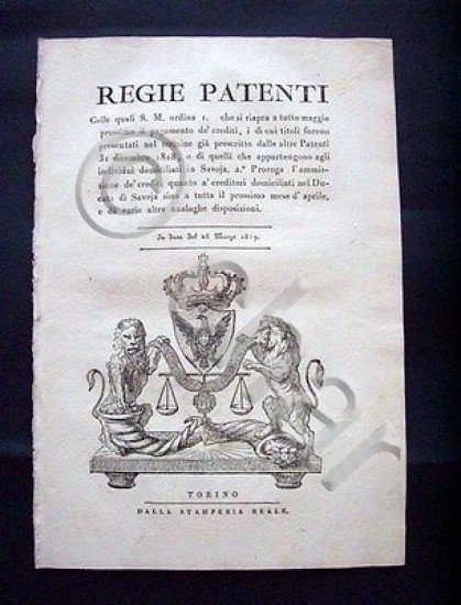Regno di Sardegna Decreto * Regie Patenti Pagamenti crediti Savoia …