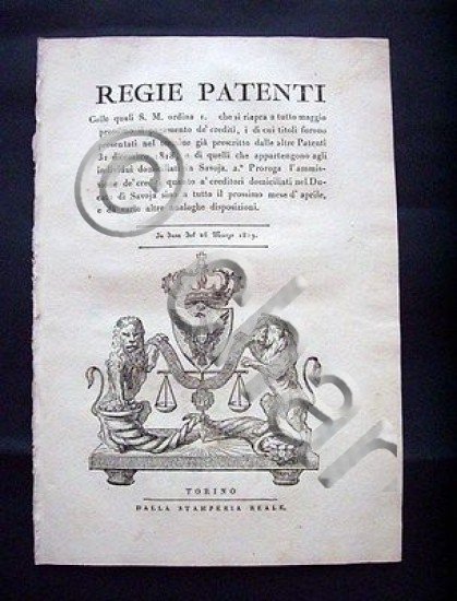Regno di Sardegna Decreto * Regie Patenti Pagamenti crediti Savoia …