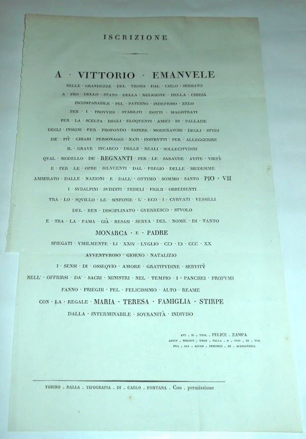 Regno di Sardegna Iscrizione / Dedica a Vittorio Emanuele 1820 …