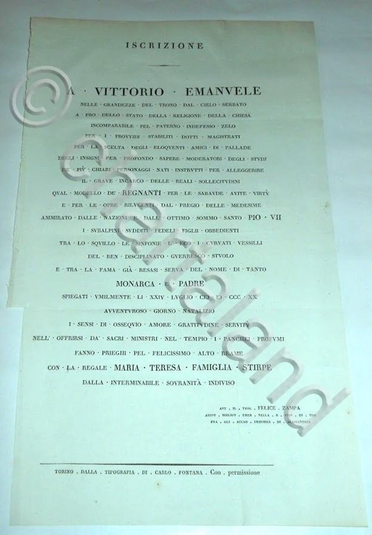 Regno di Sardegna Iscrizione / Dedica a Vittorio Emanuele 1820 …