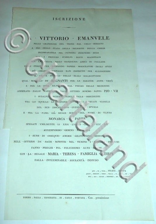 Regno di Sardegna Iscrizione / Dedica a Vittorio Emanuele 1820 …