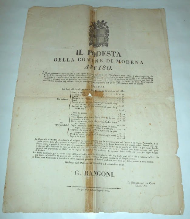 Regno di Sardegna Manifesto Dazi di Consumo Modena 1829