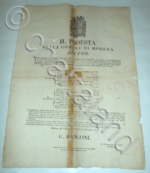 Regno di Sardegna Manifesto Dazi di Consumo Modena 1829